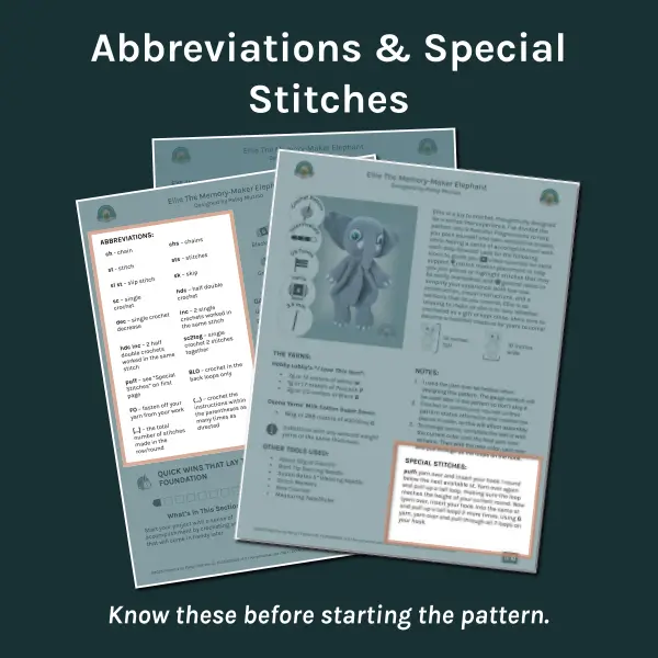 Three crochet pattern pages fanned out with the Abbreviations and Special Stitches areas highlighted.