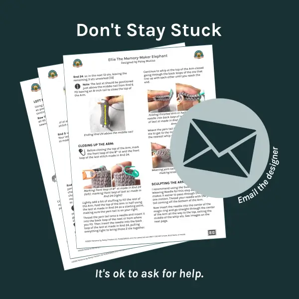 Three crochet pattern pages fanned out with an email icon beside them and the phrase ‘Email the designer.’ Text above reads ‘Don’t Stay Stuck’ and below reads ‘It’s ok to ask for help.’
