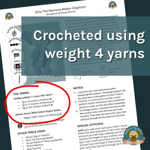 Yarns needed to crochet Ellie, my Crochet Elephant Lovey pattern, shows recommended yarn colors and amounts.