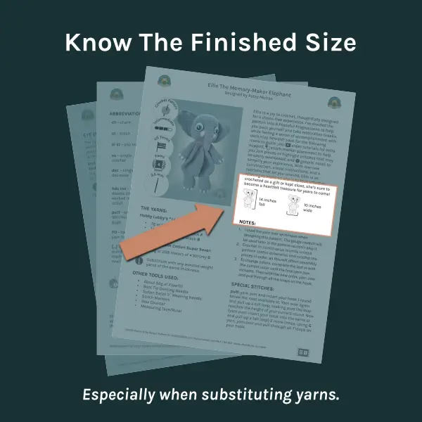 Three crochet pattern pages fanned out with the Finished Size highlighted.