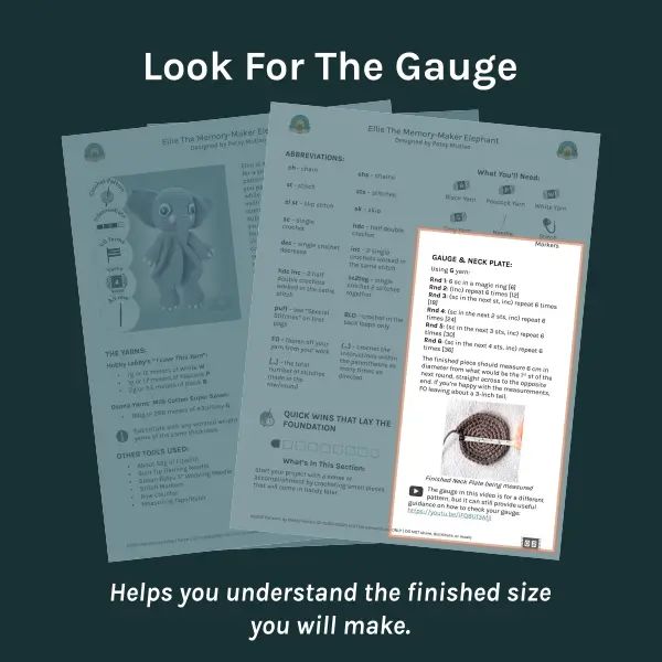 Three crochet pattern pages fanned out with the Gauge Section highlighted.