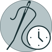 Low-Sew Construction Sewing needle and clock icon representing low sew crochet construction that saves finishing time.