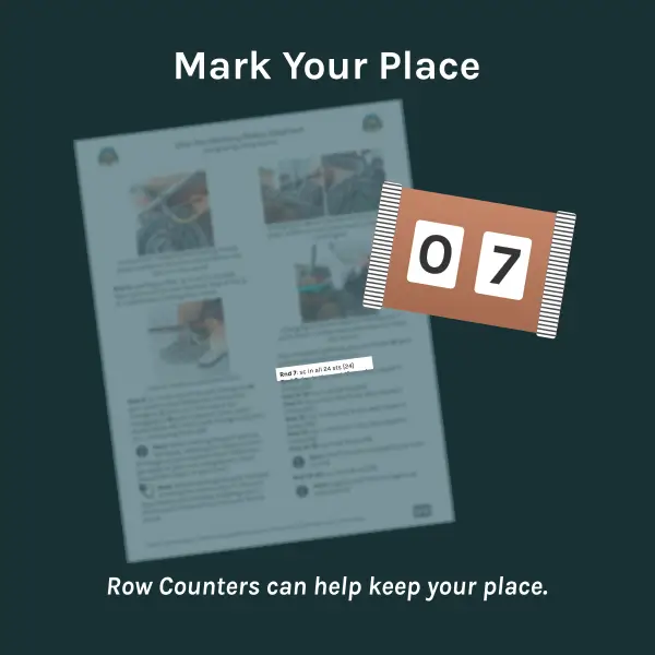 Crochet pattern page with one round of instructions highlighted, shown alongside an icon-style manual row counter displaying the same round number.