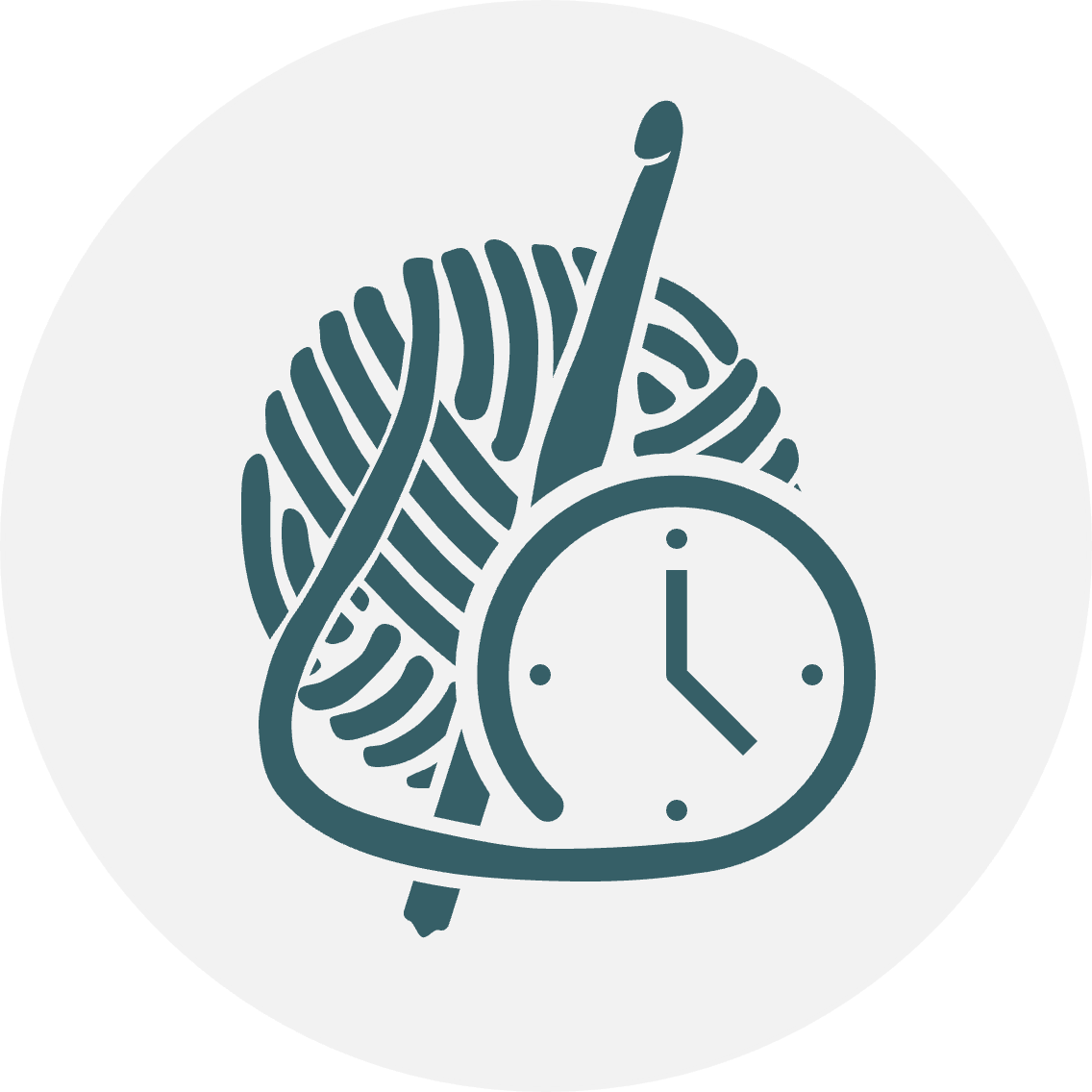Peaceful Progression Icon In Circle Icon of a yarn ball with a crochet hook and a trailing strand forming a clock to represent focused one-hour crochet sessions.