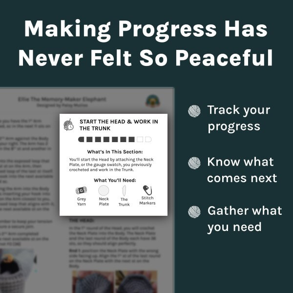 Peaceful Progressions section from an Ellie the elephant lovey pattern showing a calm, step-by-step layout that helps crocheters track their progress.