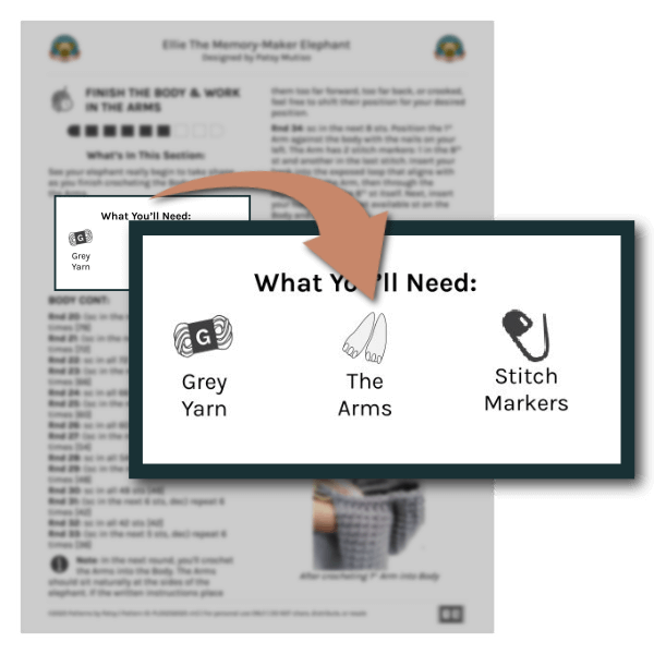 Ellie the elephant lovey crochet amigurumi pattern page highlighting the Peaceful Progression section “What You'll Need,” and how it lists previously crocheted pieces enlarged for easy viewing.