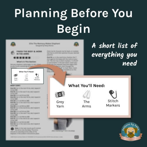 The Peaceful Progressions system highlights “What You’ll Need” before you start crocheting