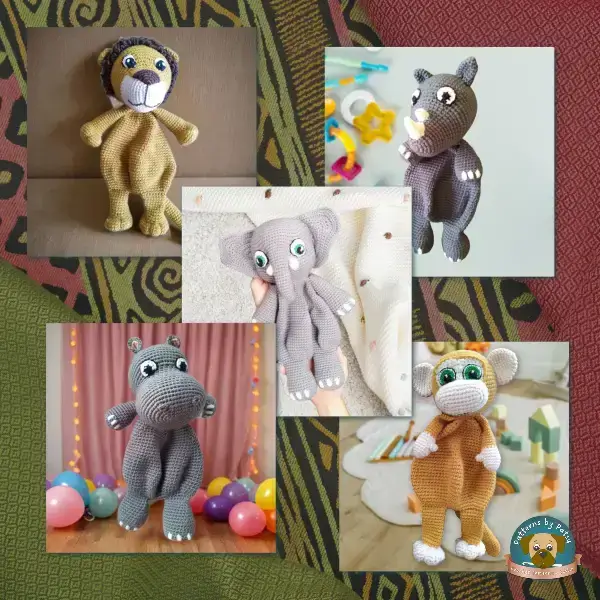 Safari Besties Crochet Collage Collage of Safari Besties crochet animals displayed against a vibrant African fabric background.
