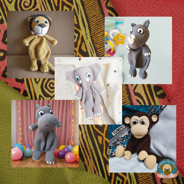 Collage of Safari Besties crochet animals displayed against a vibrant African fabric background.