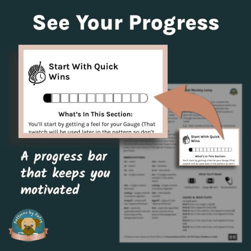 Peaceful Progressions pattern page from Charlie The Playful Crochet Monkey Lovey amigurumi pattern, showing a visual progress bar that tracks each crochet section and overall completion.