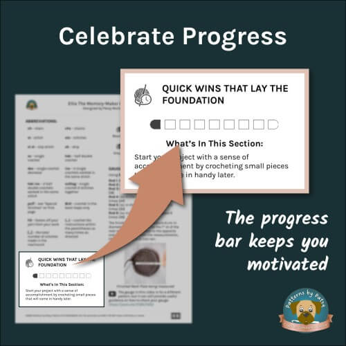 Peaceful Progressions pattern page from Ellie the crochet elephant lovey, showing a visual progress bar that tracks each crochet section and overall completion.