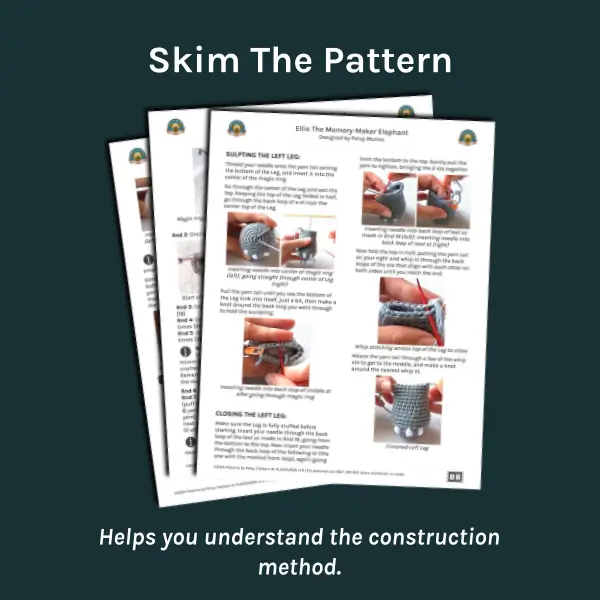 Three crochet pattern pages fanned with text that says ‘Skim the Pattern – Helps you understand the construction method.’”