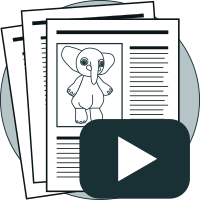 Pattern pages from Ellie, my elephant lovey, icon representing clear step by step crochet instructions with photos and video support.