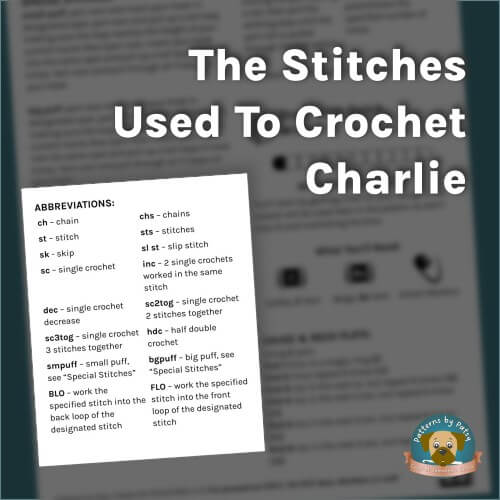 Stitch abbreviations list from Charlie The Playful Crochet Monkey Lovey pattern showing the stitches used to crochet Charlie.