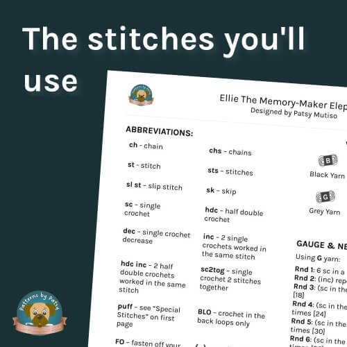 Stitch abbreviations list from Ellie The Memory-Maker Crochet Elephant Lovey pattern showing the stitches used to crochet Ellie.
