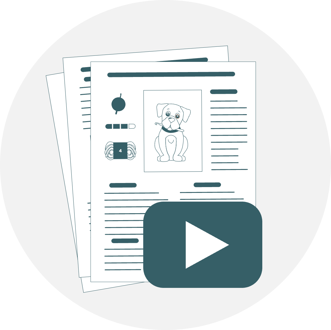 Video Tutorials Included In Circle Icon of three crochet pattern sheets with a YouTube-style play button symbolizing included video tutorials.