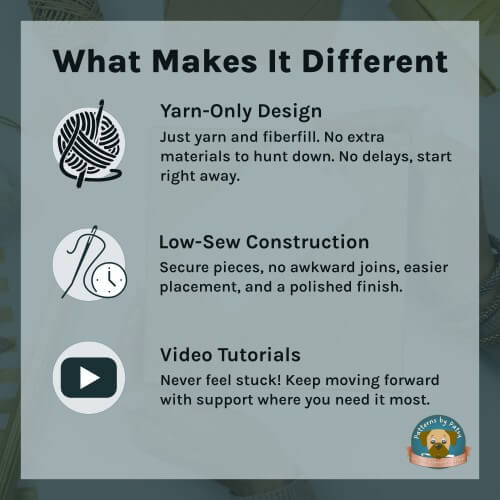 Unique features of Patterns by Patsy patterns: Yarn-Only Design, Low-Sew Construction, Video Tutorials.