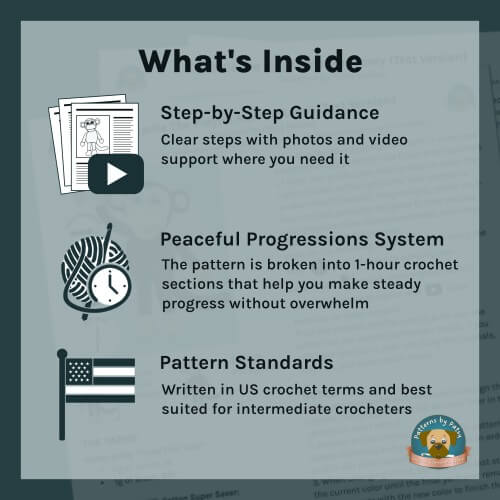 Inside my crochet monkey lovey pattern: Low-Sew Design, Step-by-Step instructions, Photos, and Video Support.