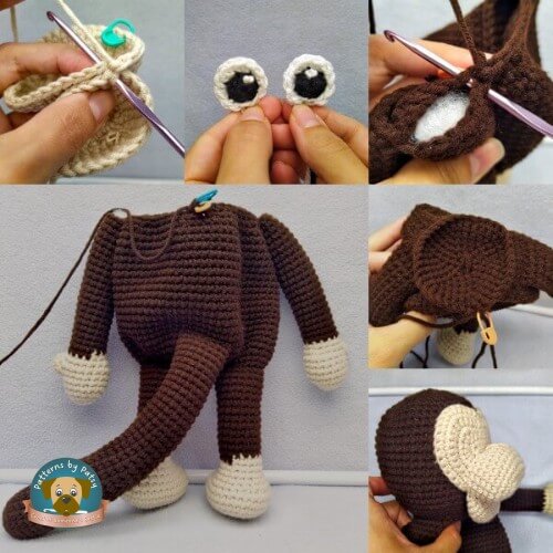 Collage of photos from inside the crochet monkey lovey pattern showing stitches, techniques, and assembly.